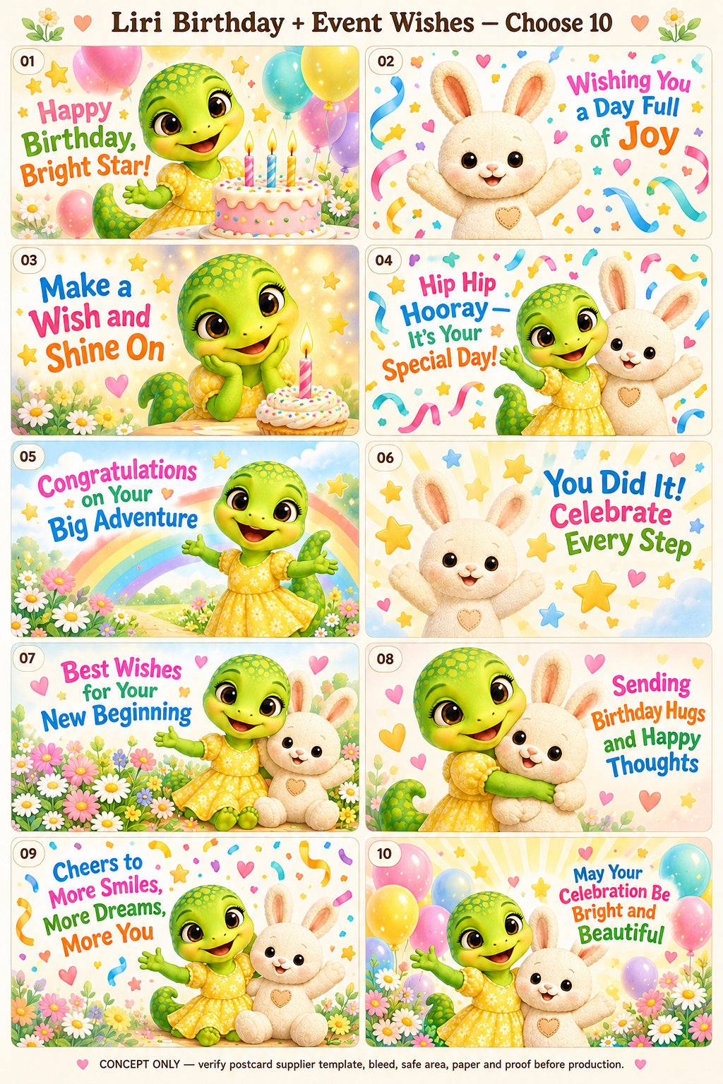 The World of Liri birthday and event postcards artwork