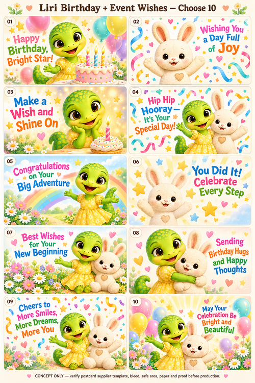 The World of Liri birthday and event postcards artwork
