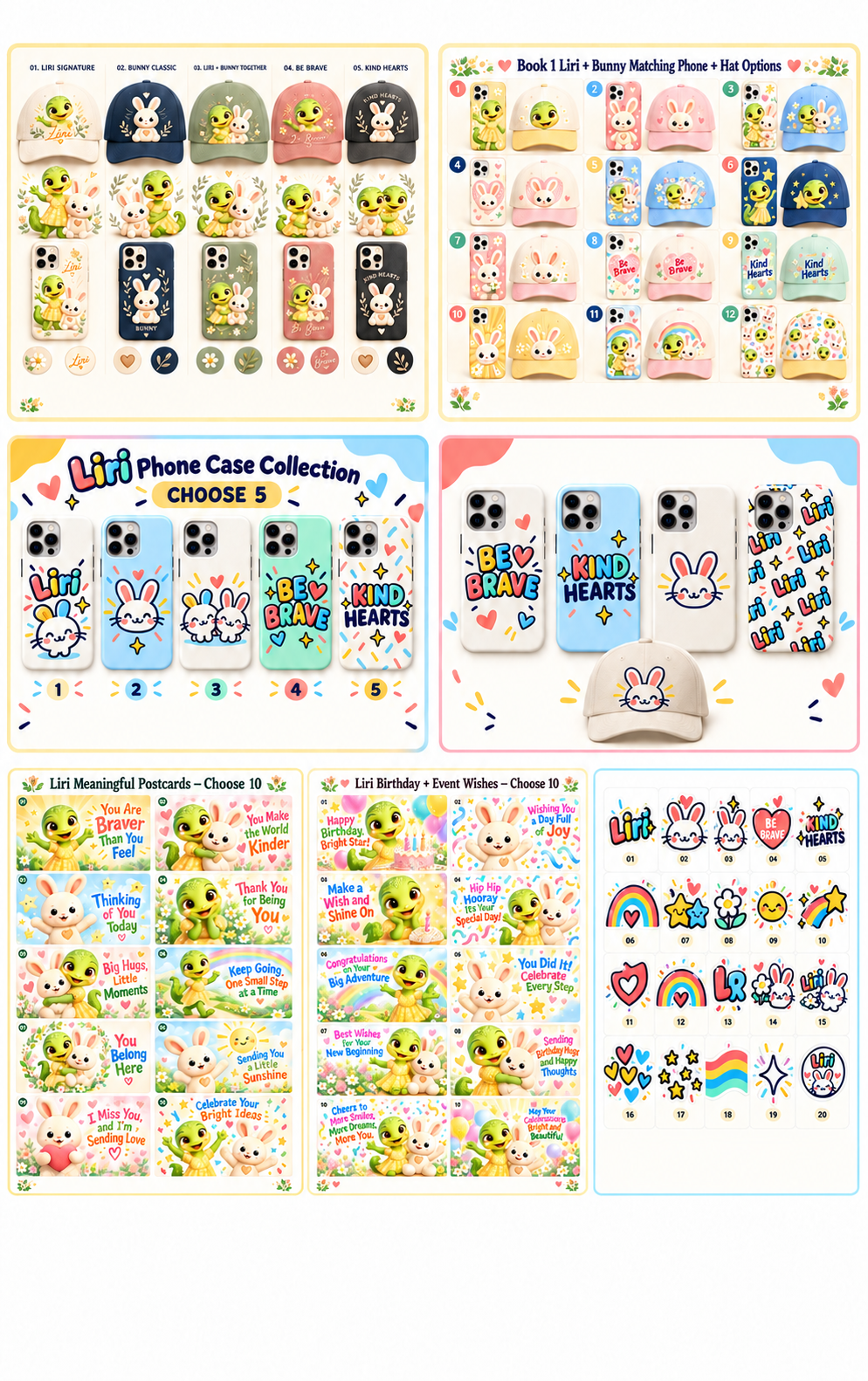 The World of Liri clean collection image with approved hats, phone cases, postcards, and stickers