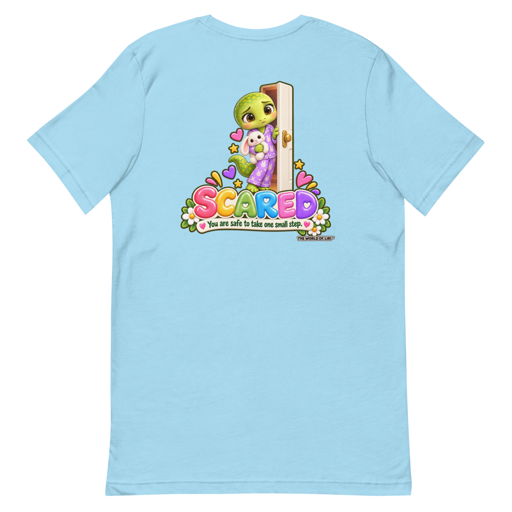 Scared Feelings Tee — Front+Back, Ocean Blue, back view